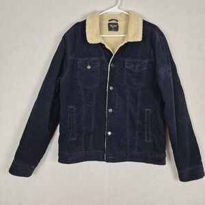 Cedar Wood State Mens Large Navy Corduroy Sherpa Lined Trucker Jacket Winter